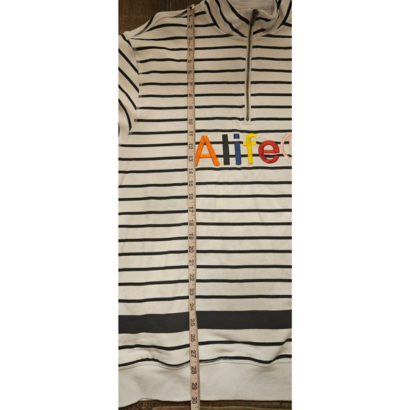 Alife Mens Half Zip Pullover Sweatshirt XL White Black Striped Funnel Neck Retro - Picture 11 of 11